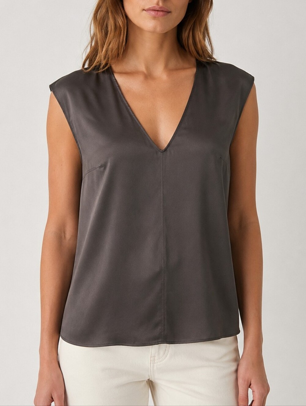 Brunello Cucinelli V Neck Brown Silk Sleeveless Blouse Tank Top